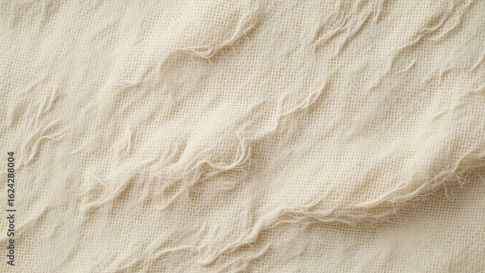 Poster delicate woven material exhibiting loose fibers and open weave design, creating a light and airy abs