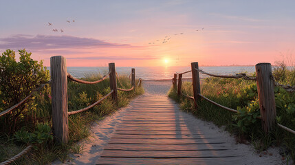 Naklejka premium Calm tranquil beach path at dusk, ideal for nature decor. Detailed coastal photography for scenic prints and art