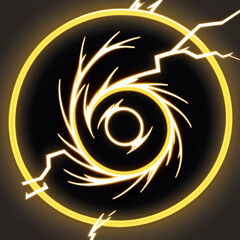 Obraz premium Energetic yellow lightning swirl emblem with glowing aura and crackling energy bursts on dark background