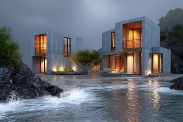 Modern concrete beach houses at twilight, lit by warm light