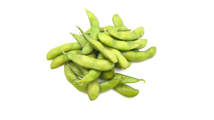 Green Boiled soybeans on white background.