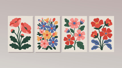 Set of Four Floral Art Prints with Red, Pink, Blue and Yellow Flowers