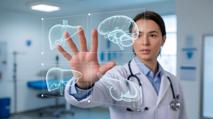 Cutting edge medicine with futuristic interfaces, modern doctor using virtual medical data display