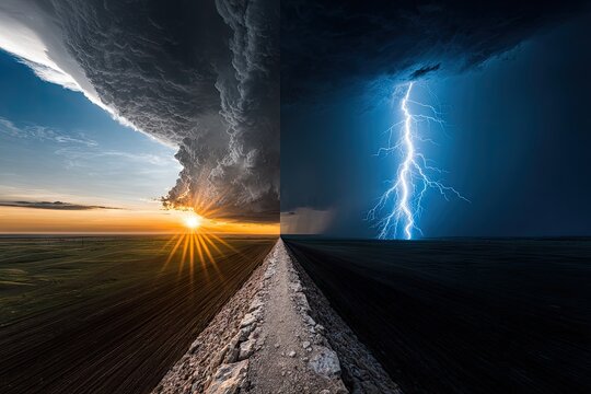 Dramatic split view sunset vs. storm