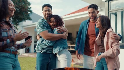 Friends, hug and party with fire for barbecue with reunion, excited or outdoor in garden. People, group and happy at social gathering with men, women and smile on vacation with bbq in backyard