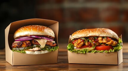 Two different burgers in boxes and chicken roll with vegetables
