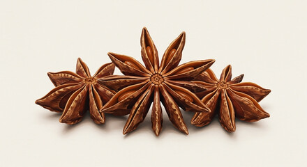 A close-up of three whole dried star anise pods, a fragrant aromatic spice for cooking, isolated on a plain background.