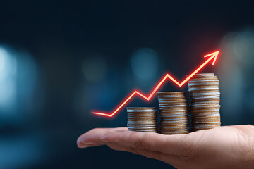 Hand Holding Coin Stacks with Red Upward Arrow – Symbolizing Financial Growth, Investment Success, Wealth Increase, Profit Rise, and Economic Progress

