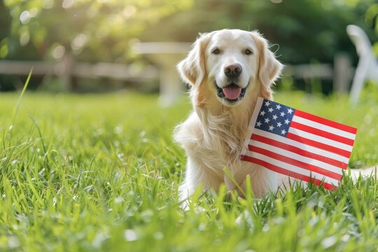 happy golden retriever dog holding American flag in mouth, Adorable golden retriever dog posing with American flag over outdoors green background 4th july Independence day, Memorial day