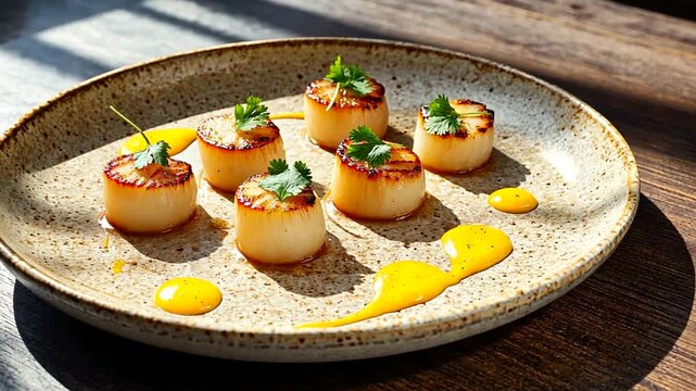Gourmet seared scallops garnished with herbs on a rustic plate, with a vibrant sauce and natural light