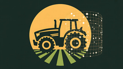 Vintage tractor in a field under a glowing sun with a silo in the background