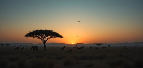 Silhouettes of African Wildlife at Sunrise in the Savannah