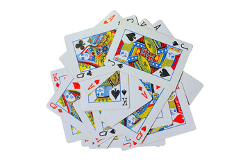 Scattered playing cards with kings, queens, and aces, isolated on a transparent background.