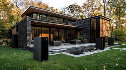 Two efficient outdoor heat pump units placed in front of the house
