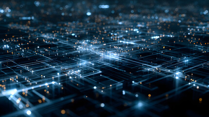 Futuristic data network grid with glowing nodes and circuits in a blue digital top view