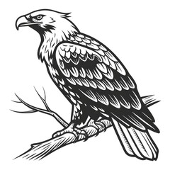 Obraz premium Hand-drawn black and white illustration of a majestic eagle perched on a branch.