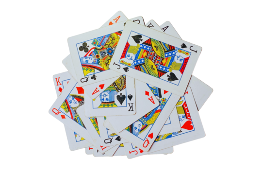Scattered playing cards with kings, queens, and aces, isolated on a transparent background.