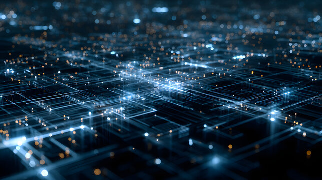 Futuristic data network grid with glowing nodes and circuits in a blue digital top view