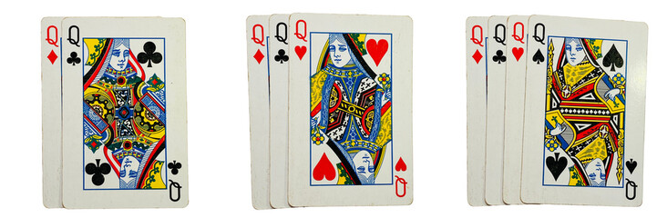 Set of queen playing cards in assorted compositions, isolated on a transparent background.

