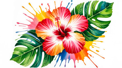 Vibrant hibiscus bloom with tropical leaves and paint splashes