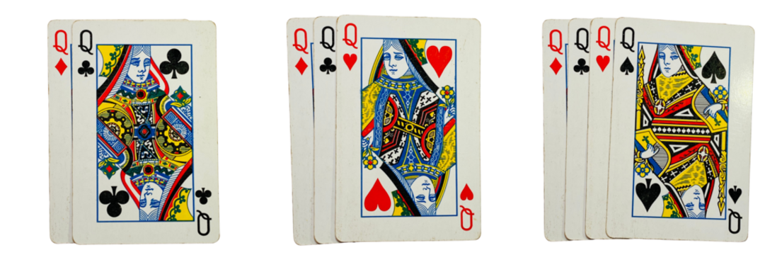 Set of queen playing cards in assorted compositions, isolated on a transparent background.

