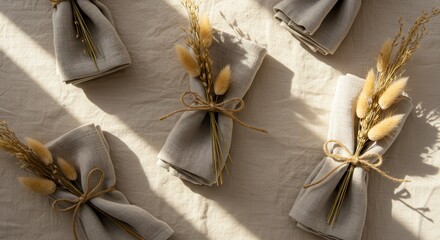 Elegant Table Setting with Rustic Linen Napkins and Dried Floral Accents for Natural Dining Atmosphere