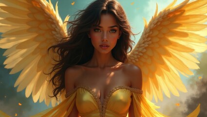 Golden winged woman with flowing hair and ethereal beauty in a radiant light