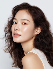 Commercial medium-full shot of Asian female model facing camera wearing cream-colored makeup