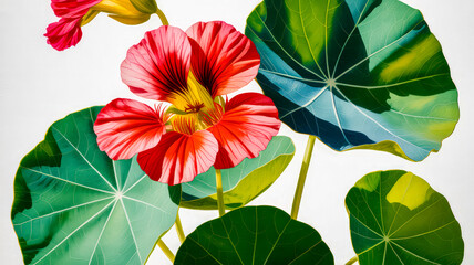 Vibrant nasturtium flowers and lush green leaves pink