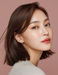 Commercial medium shot of elegant Korean woman with bob haircut showcasing small earrings