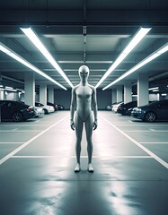 An androgynous humanoid figure stands in a sleek, dimly lit parking garage