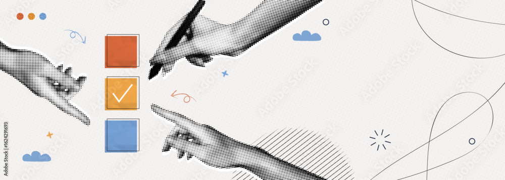 Poster trendy halftone collage hand with pen and check list. organized task processing. project plan. compl