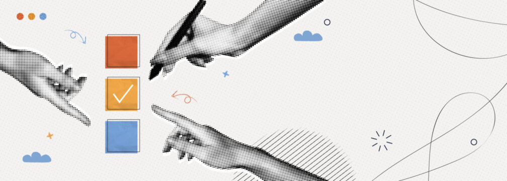 Trendy Halftone Collage Hand with pen and check list. Organized task processing. Project plan. Completed to do list banner. Quality assurance control. Contemporary vector illustration art
