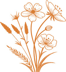 Elegant wildflower bouquet in hand-drawn line art style featuring blooming petals, buds, and leaves. Ideal for vintage floral designs, botanical illustrations, and decorative nature artwork.