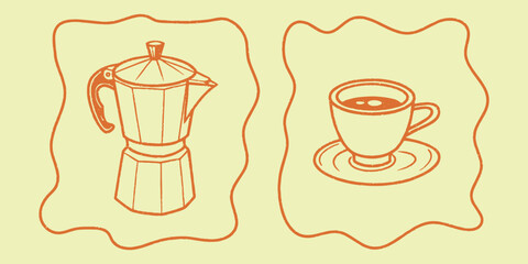 Hand-drawn coffee maker and cup illustration in minimalist retro style. Perfect for  branding, kitchen  or coffee-themed designs. Simple, vintage, and charmingly outlined artwork.