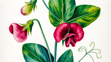 Vibrant pink pea blossoms and green leaves botanical illustration