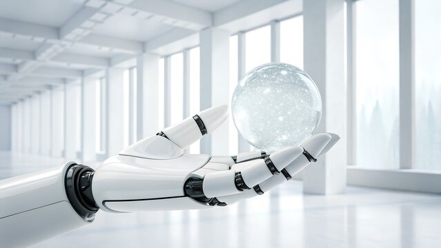 Minimalist robotic hand sculpture holding a crystal globe