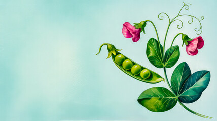 Vibrant pink pea blossoms and pod pea plant watercolor
