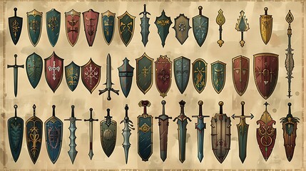Vector medieval weapon and armor illustrations featuring detailed designs of swords, shields, and helmets. The illustrations are displayed in a grid format, perfect for use in historical, fantasy, 