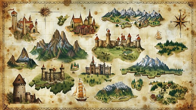 Vector medieval fantasy map elements in an RPG style, including castles, mountains, and forests. The elements are displayed on a parchment-like background, ready for use in creating detailed 