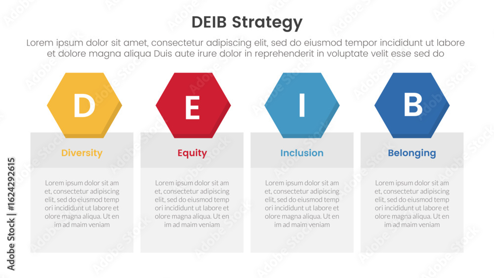 Poster deib diversity strategy infographic 4 point stage template with table box with hexagonal header badg