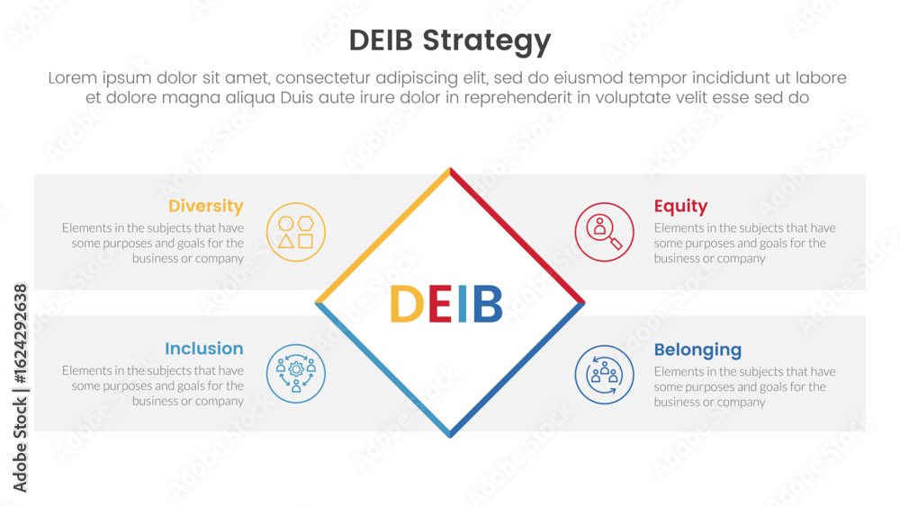 Poster deib diversity strategy infographic 4 point stage template with rotate rectangle box with rectangle 