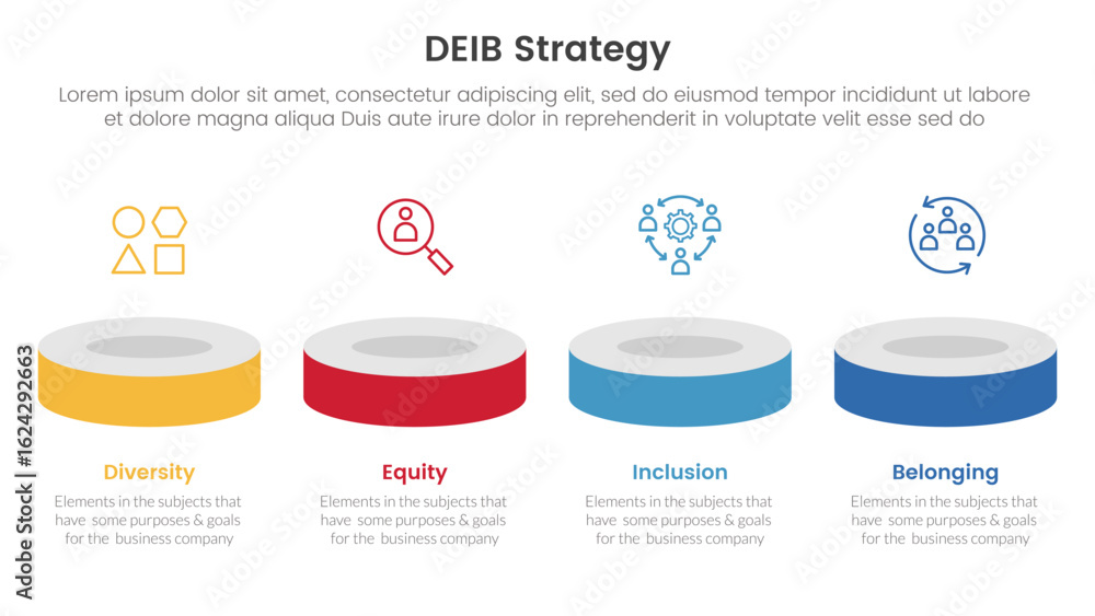 Poster deib diversity strategy infographic 4 point stage template with product showcase horizontal 3d stage