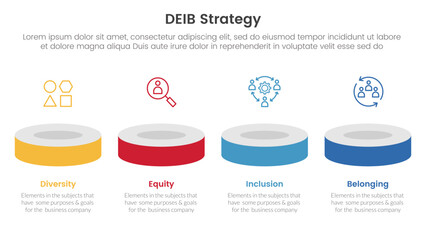 DEIB diversity strategy infographic 4 point stage template with product showcase horizontal 3d stage for slide presentation