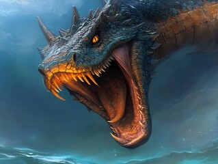 Naklejka premium Serpent-like sea dragon emerging from the ocean, ancient and mystical wildlife presence