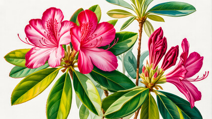 Vibrant pink rhododendron blooms with lush green foliage