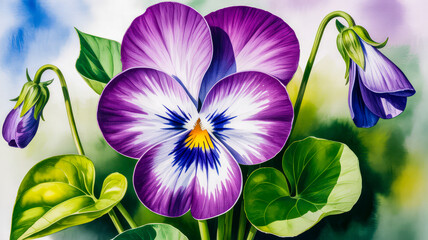 Vibrant purple white pansy blooms yellow blue