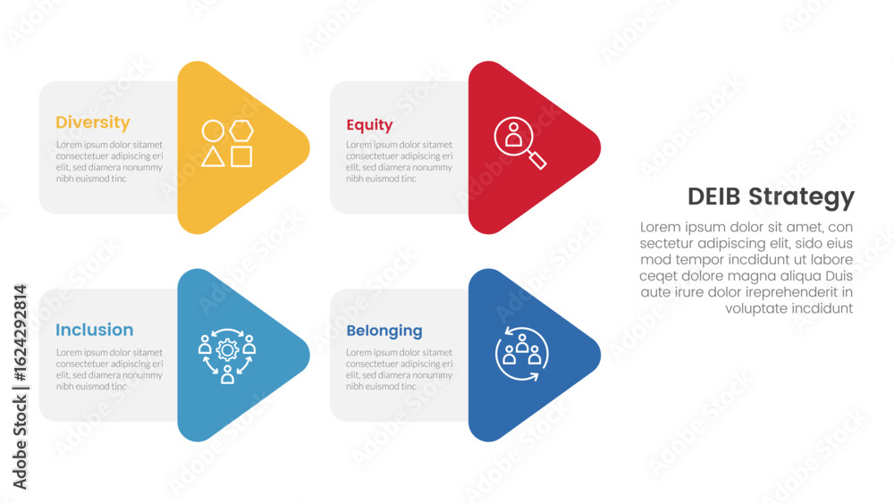 Poster deib diversity strategy infographic 4 point stage template with arrow shape combination on left layo