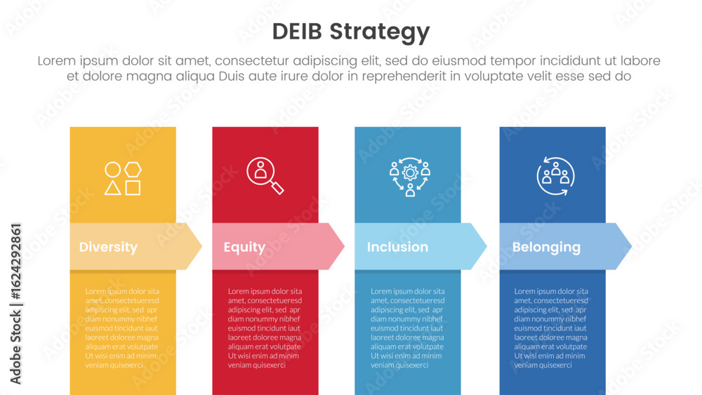 Poster deib diversity strategy infographic 4 point stage template with vertical box and arrow badge header 