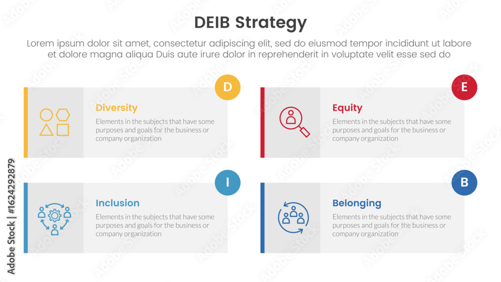 Poster deib diversity strategy infographic 4 point stage template with long rectangle box symmetric circle 